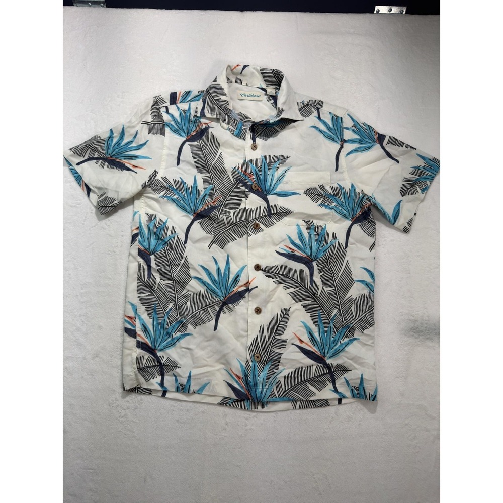 Caribbean Shirt Mens Small White Floral Hawaiian Short Sleeve Button Up Tropical